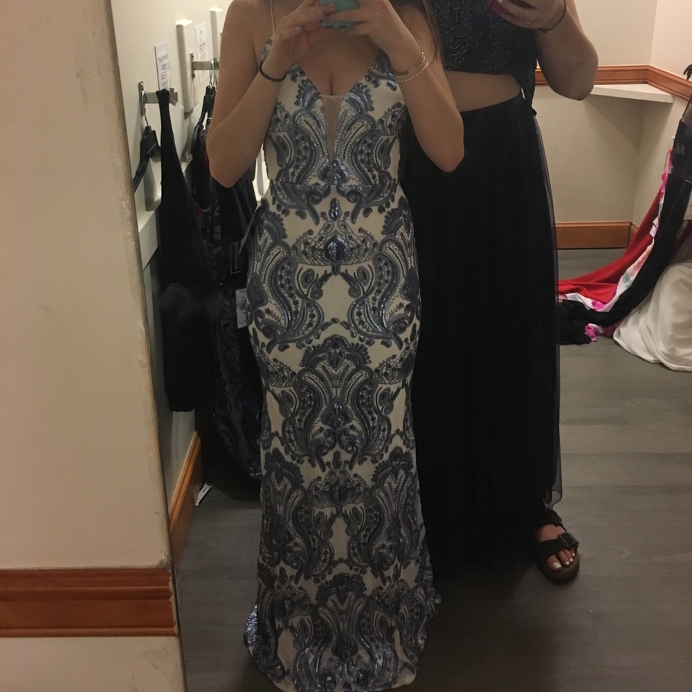 Blue and White Betsy and Adam Sequin Prom Dress